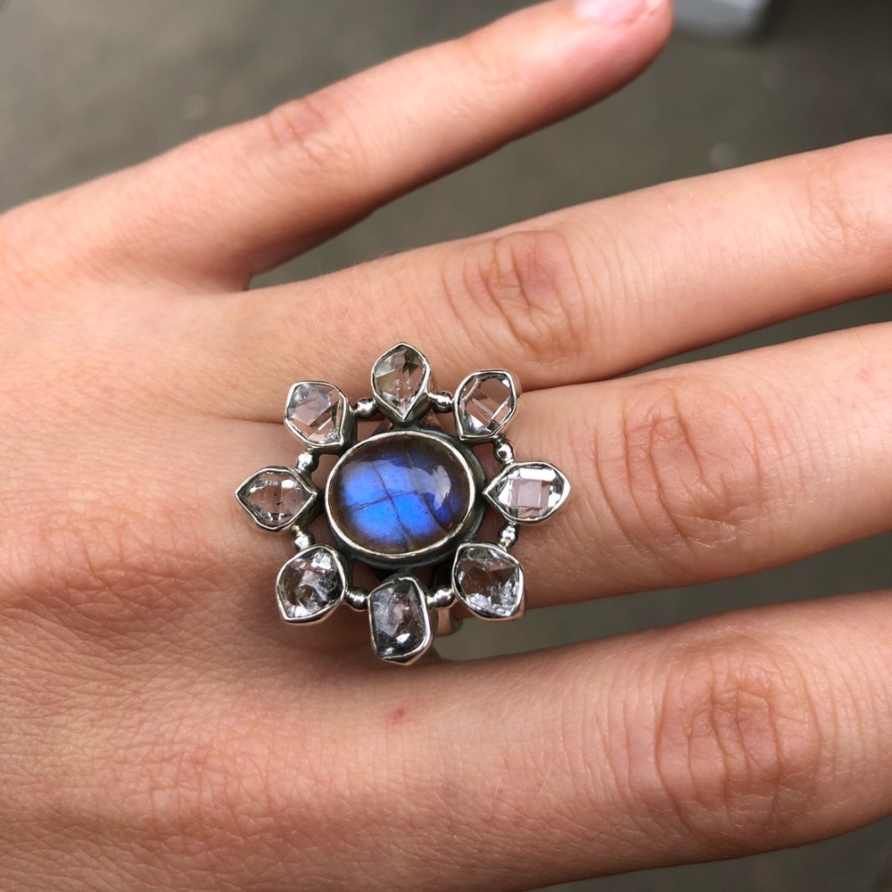 LABRADORITE AND HERKIMER DIAMOND RING
